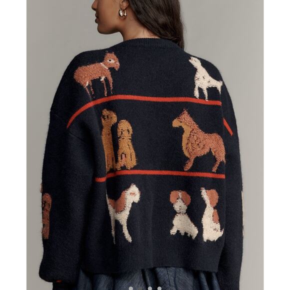 NWT Anthropologie Maeve Dogs Tie-front Navy Cardigan Sweater OS - Picture 2 of 4